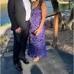 Perfect wedding guest dress! Purple formal midi dress with floral lace details.